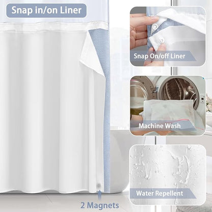No Hook Shower Curtain and Liner Set,Mist Blue Hotel Waffle Shower Curtain with Liner 75" L x 72" W