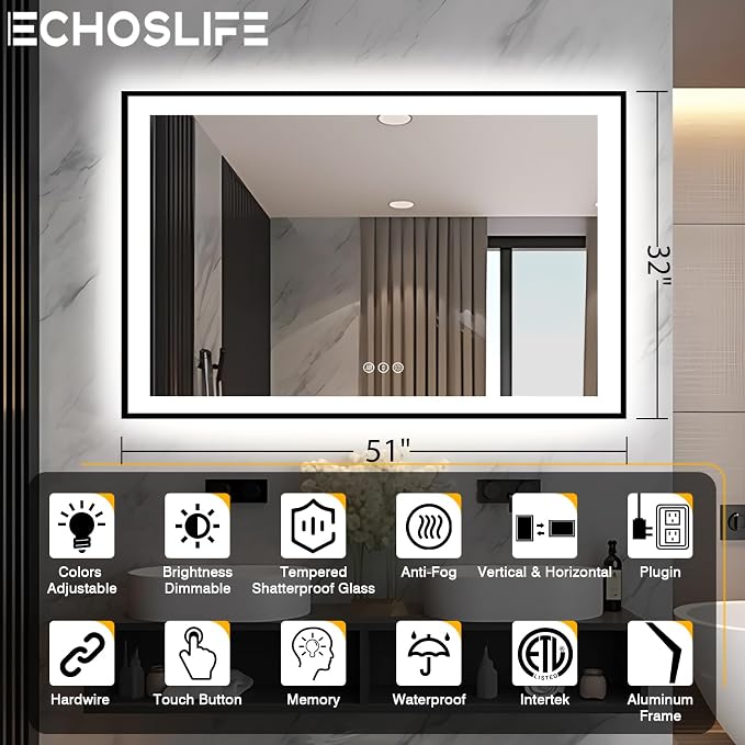 EchosLife 51x32 LED Bathroom Mirror - Black Framed | Black Frame, Front and Backlit, Anti-Fog, Stepless Dimmable, 3 Colors, Memory, Tempered Glass, UL Listed, Horizontal/Vertical