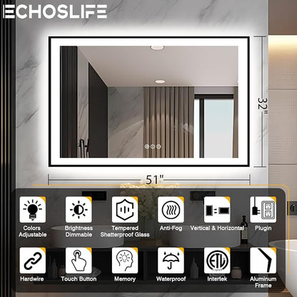 EchosLife 51x32 LED Bathroom Mirror - Black Framed | Black Frame, Front and Backlit, Anti-Fog, Stepless Dimmable, 3 Colors, Memory, Tempered Glass, UL Listed, Horizontal/Vertical