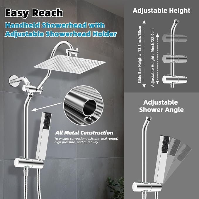 Hibbent 12'' Rainfall Shower Head with 4-mode Handheld Shower Spray, Chrome | cUPC Certified High Pressure Showerhead Combo, 12'' Adjustable Extension Arm, Extension Bar, Easy Reach Holder, 71'' Hose