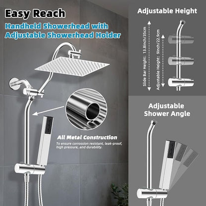 Hibbent 12'' Rainfall Shower Head with 4-mode Handheld Shower Spray, Chrome | cUPC Certified High Pressure Showerhead Combo, 12'' Adjustable Extension Arm, Extension Bar, Easy Reach Holder, 71'' Hose