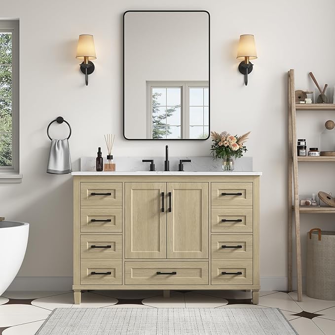 48-Inch Oak Bathroom Vanity with Sink, Fully Assembled Storage Cabinet Featuring 2 Soft-Close Doors & 5 Extendable Drawers, Carrara Engineered Stone Countertop, and Backsplash
