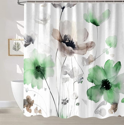 Sanzugh Boho Floral Shower Curtain, Cream Tan Beige Green Grey White Flower Farmhouse Fabric Shower Curtains Set for Bathroom Decorative with Hooks 72 X 72 inch Spring Bath Decor