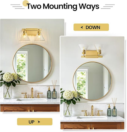 AIJIASI Bathroom Light Fixtures 2-Light Brushed Gold Vanity Lights 16 Inch Bathroom Lighting Fixtures Over Mirror with Ribbed Glass Shade Modern Wall Sconces for Living Room Hallway