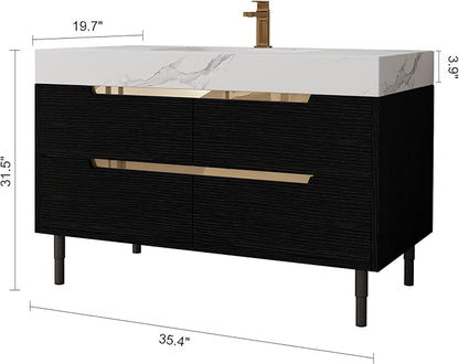 35.4" Freestanding Black Bathroom Vanity with Sintered Stone Countertop and Ceramic Basin Sink, Modern Bathroom Cabinet with 4 Soft Closing Drawers, Hidden Handle, Powder-Coated Metal Legs