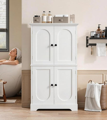 HAIOOU Bathroom Floor Cabinet with Motion Sensor Light, Modern Bathroom Storage Cabinet with Adjustable Glass Shelf, 4 Doors, Ample Storage for Hallway, Laundry Room, Living Room - White