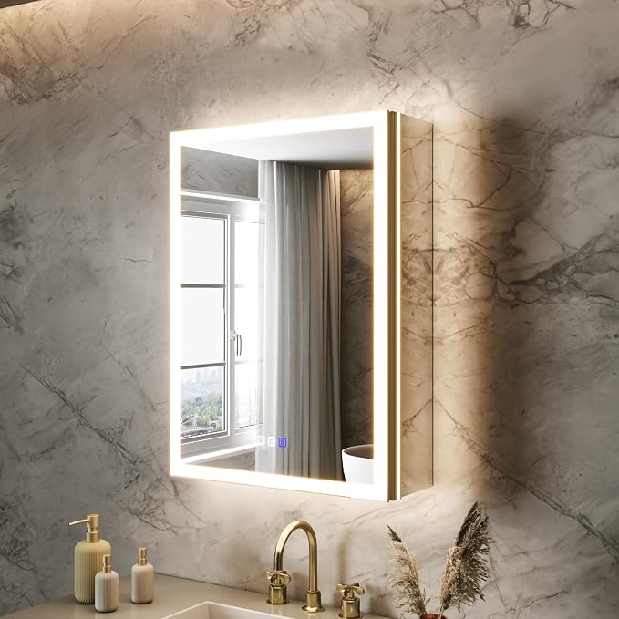 20x28 Lighted Medicine Cabinet, Separate Front & Back Lights | Surface/Recessed LED Medicine Cabinet for Bathroom with Side Mirrors, Dimmable Light, Anti-Fog, Memory,Silver Aluminum Frame