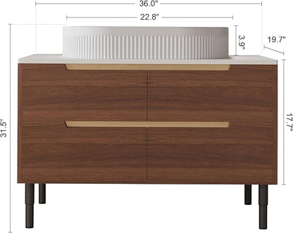 36 inch Bathroom Vanity with Sink and Countertop, Modern Freestanding Bathroom Vanity Cabinet with Oval Ceramic Vessel Sink, 4 Soft Closing Drawers, Adjustable Metal Legs, 2-in-1 Installation, Walnut