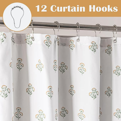 Orange and Green Spring Floral Shower Curtain for Bathroom, Soft Ditsy Flower Print on White Fabric, Cottagecore Farmhouse Shower Curtain, 72x72
