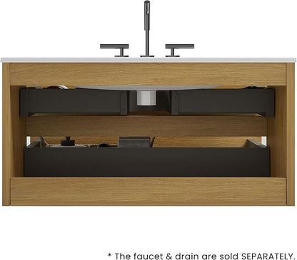 36" Bathroom Vanity with Sink, Modern Floating Vanity with Double Soft-Closing Drawers, Large Storage for Small Space, Natural Oak, Fully Assembled - Iris Collection