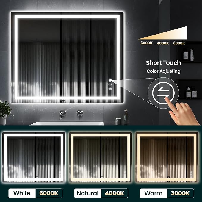 32" x 40" LED Bathroom Mirror with Lights, Memory Vanity Mirror | Anti-Fog, 3 Color Modes, Dimmable, Front Lit, Memory Function, Tempered Glass, Lighted Bathroom Mirror for Wall