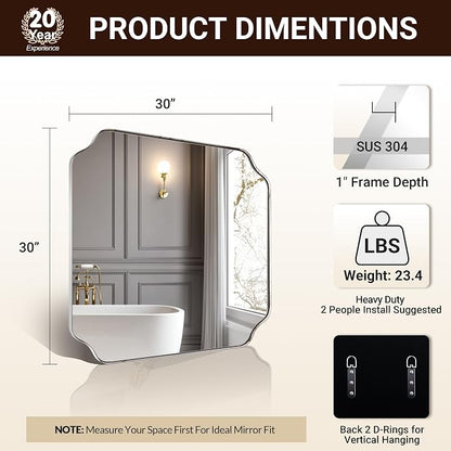 30"x30" Chrome Square Mirror, Polished Nickel Scalloped Bathroom Mirror for Over Sink, Modern Decorative Mirror with Designer Rounded Notched Corners, Anti-Rust SUS304 Frame