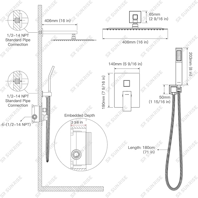 SR SUN RISE Shower Faucet - 16 Inch Rain Shower System - All Metal Shower Fixtures - Brushed Nickel