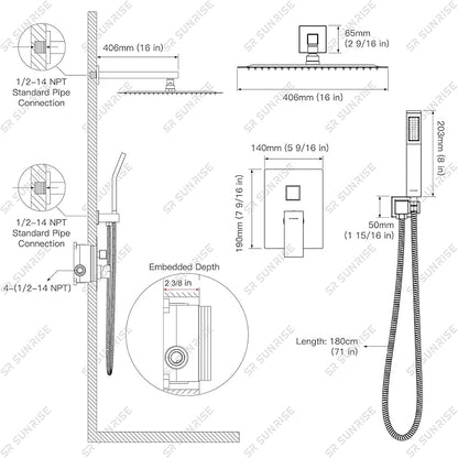 SR SUN RISE Shower Faucet - 16 Inch Rain Shower System - All Metal Shower Fixtures - Brushed Nickel
