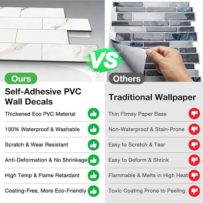 Peel and Stick Backsplash Tile for Kitchen & Bathroom Walls (Polished White Marble, 10 Tiles - 9.7 Sq. Ft. (0.9 M))