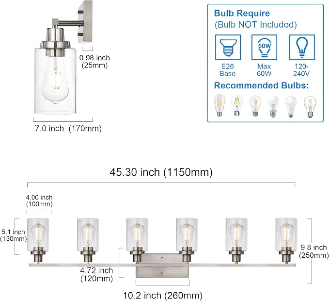 MELUCEE Modern Bathroom Vanity Light Fixtures 6-Light Brushed Nickel | 45.3 Inch Contemporary Wall Light with Clear Glass Shade for Kitchen Living Room Bedroom (Patent No.: US D963914 S)