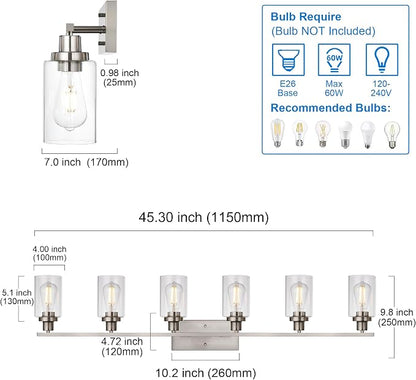 MELUCEE Modern Bathroom Vanity Light Fixtures 6-Light Brushed Nickel | 45.3 Inch Contemporary Wall Light with Clear Glass Shade for Kitchen Living Room Bedroom (Patent No.: US D963914 S)