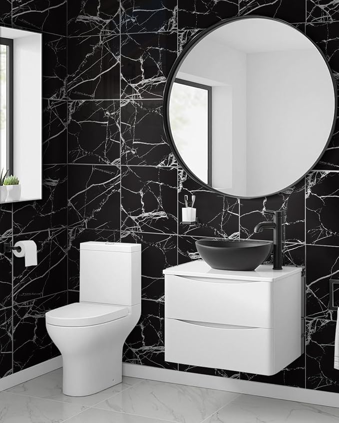 10 Sheets Marble Peel and Stick Backsplash Tile, 12"x12" Waterproof PVC Self Adhesive Tile Shower Wall Panels for Bathroom, Kitchen, Living Room (Black White)