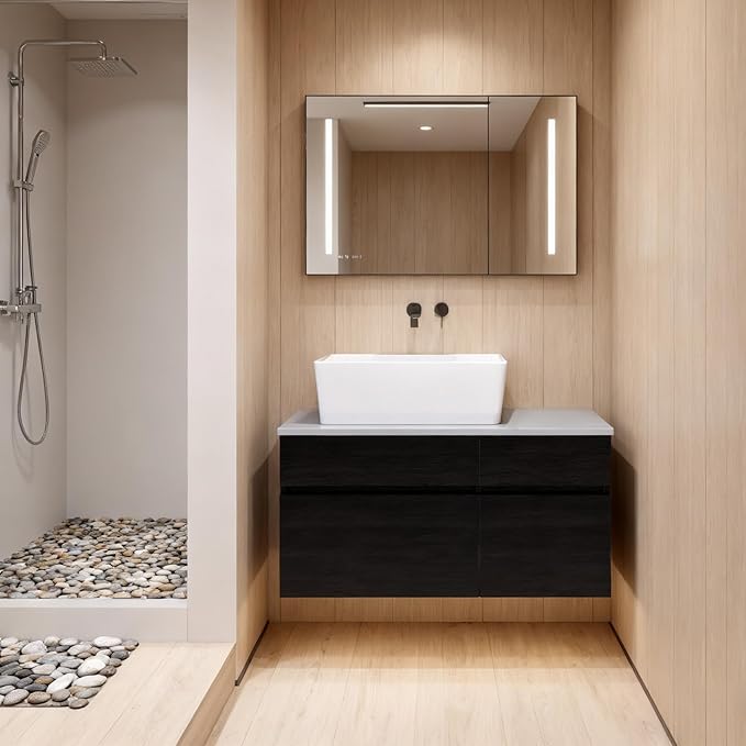 Goujxcy 31.5" Wall Mounted Bathroom Vanity with Sink, Modern Floating Bathroom Cabinet with Ceramic Sink & Storage, Wood Hanging Bath Room Cabinet with Soft-Close System (White & Black)