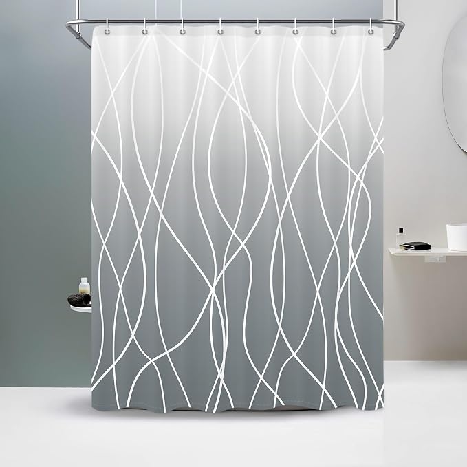 Striped Shower Curtain for Bathroom, Ombre Grey, 60" W x 72" L | with Hooks, Modern Hotel Style, Water Repellent, Washable, Weighted Hem