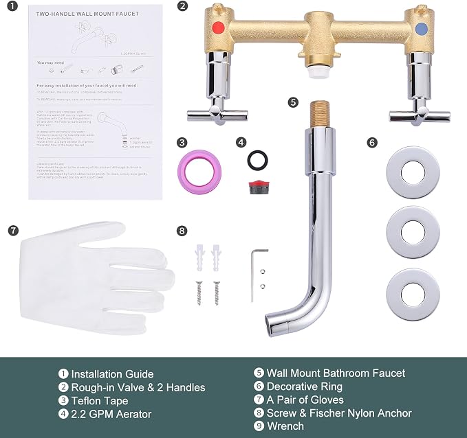 ARCORA Wall Mount Bathroom Faucet, Chrome Bathroom Sink Faucet, 2 Handle Wall Mount Vessel Sink Faucet Rough in Brass Valve Included