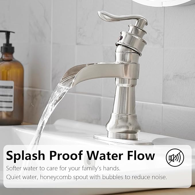Brushed Nickel Bathroom Faucet Waterfall Single Hole Bathroom Sink Faucet | Brass Single Handle 1 Hole Farmhouse Faucets Lavatory Vanity with Overflow Pop Up Drain Parts by BATHLAVISH