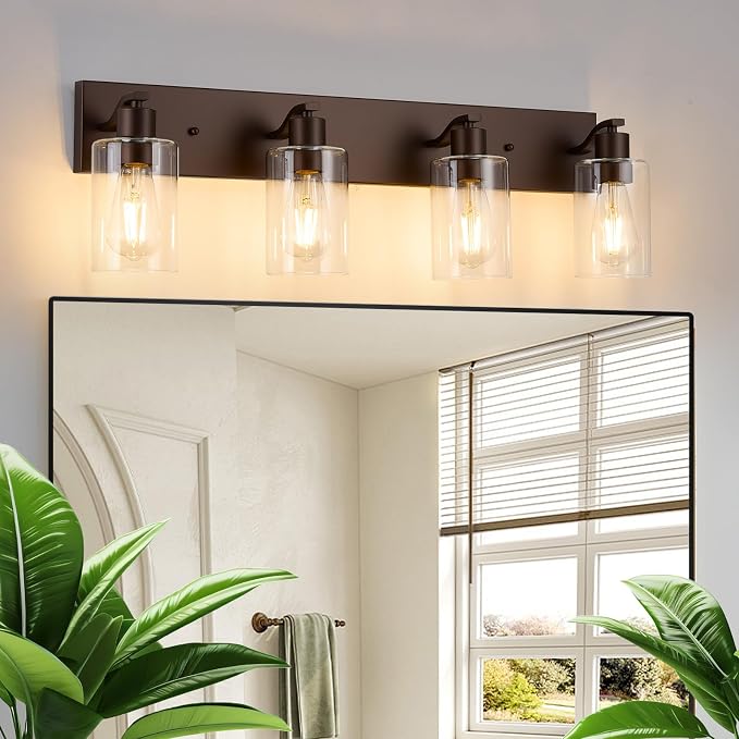 4 Lights Bathroom Light Fixtures Oil Rubbed Bronze Vanity Light with Clear Glass Shade 30in Modern Bathroom Lighting Fixtures Over Mirror for Bedroom/Living Room