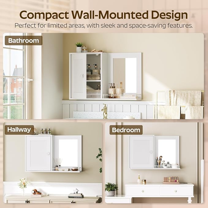 YATINEY Medicine Wall Cabinet with Mirror, Bathroom Mirror with Storage, Medicine Cabinet Mirror, Wall Mounted Home Storage, Adjustable Shelf, for Laundry Room, Bedroom, Camper, Hallway, White