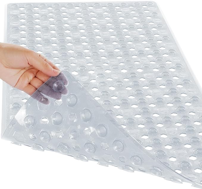 Yimobra Bathtub Mat Non Slip, 27.5"X15.5" Machine Washable Shower Floor Mat, Soft on Feet, Bath Mat with Drain Holes and Suction Cups, Bathroom Essentials, Clear