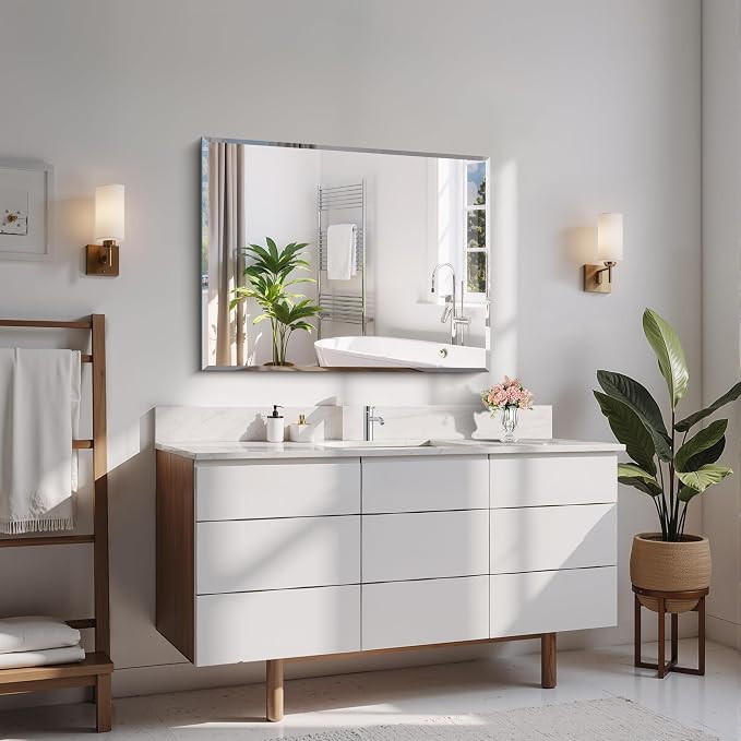 CILIBER Beveled Mirror, 24x30 Frameless Beveled Bathroom Mirrors for Wall, 3mm Tempered Glass Rectangle Vanity Mirror with Beveled Edge, Crystal-Clear, Hangs Horizontally or Vertically