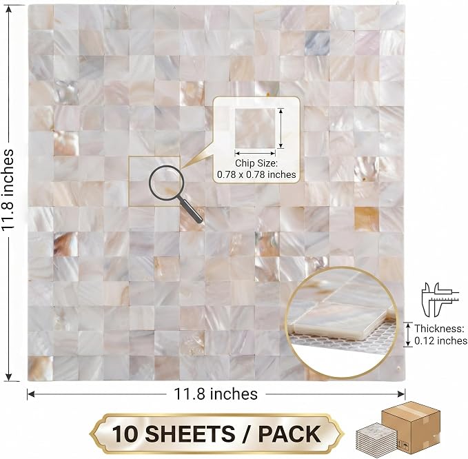Natural Mother of Pearl Peel and Stick Mosaic Wall Tiles 10 Pack | 12×12" Self-adhesive Peel and Stick Shower Tile Waterproof, Stick on Wall Panels, Shell Backsplash Tiles for Kitchen Bathroom