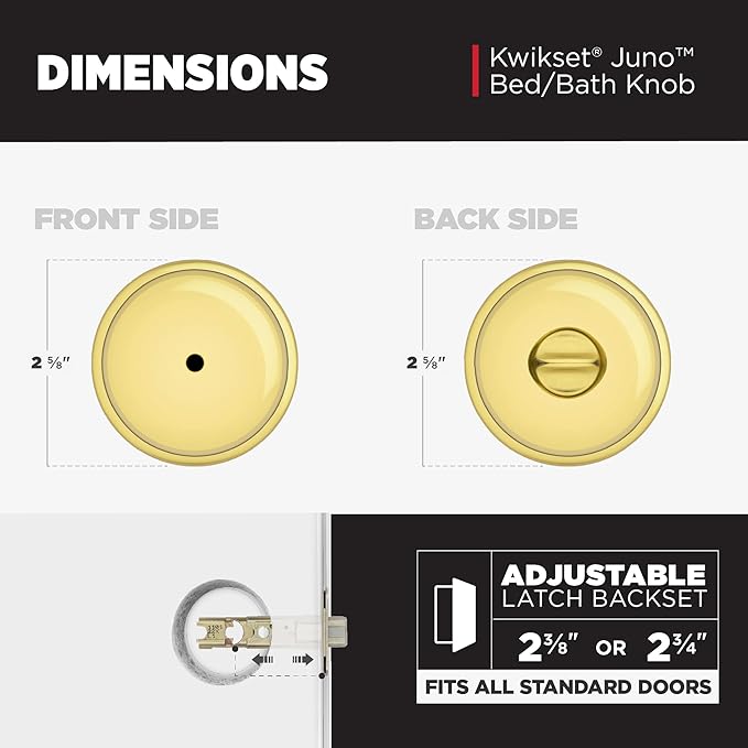 Kwikset Juno Interior Privacy Door Knob with Lock, Door Handle for Bathroom and Bedroom, Polished Brass Keyless Turn Lock Doorknob (Pack of 2)