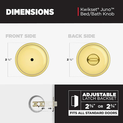 Kwikset Juno Interior Privacy Door Knob with Lock, Door Handle for Bathroom and Bedroom, Polished Brass Keyless Turn Lock Doorknob (Pack of 2)