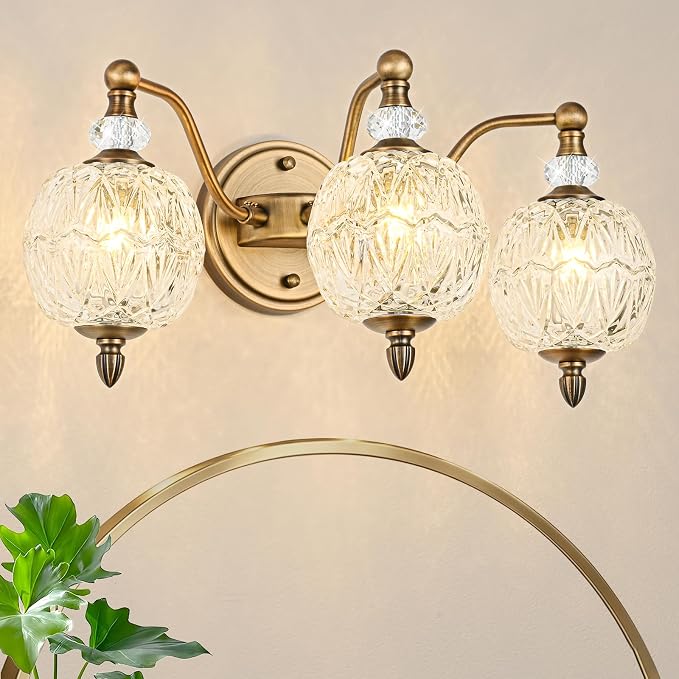 Vintage Bathroom Vanity Light, 3-Light Mid Century Matte Antique Brass Finish Wall Sconce with Globe Glass Shades, Retro Mirror Light for Bathroom, Powder Room