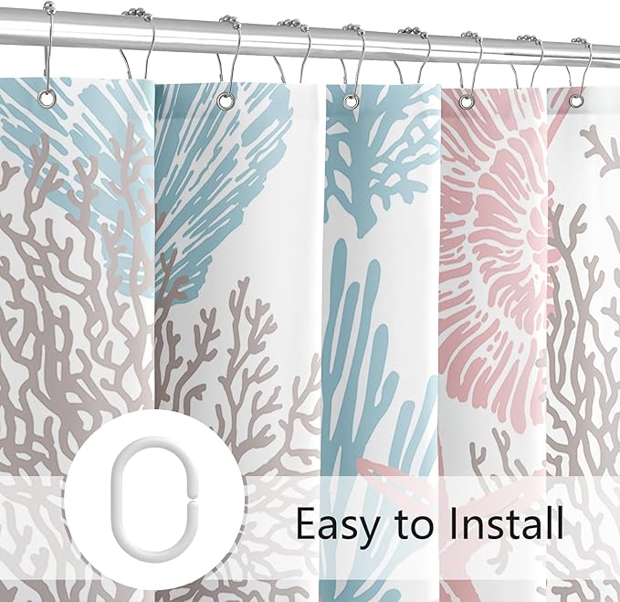 Extra Long Shower Curtain 72 x 96 Inch, Floor to Ceiling X-Long Tall Blue Pink Nautical Coastal, Seashell Starfish Coral Beach Ocean Themed for Bathroom Decor
