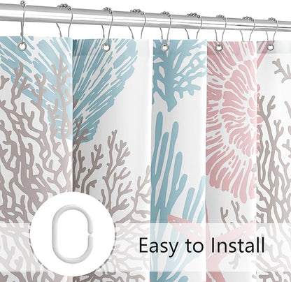 Nautical Coastal Shower Curtain, Blue Pink Beach Ocean Theme Shower Curtain for Bathroom Decor, Summer Tropical Seashell Starfish Coral Fabric Shower Curtain Set with Hooks, 72x72
