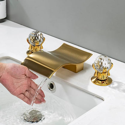 Widespread Bathroom Sink Faucet with Crystal Knob 3 Hole Waterfall Vanity Faucet 8 Inch Crystal Bathroom Faucets Deck Mount Basin Mixer Tap with Hose, Polished Gold