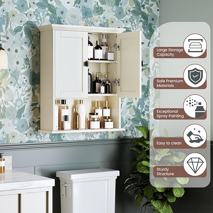 Bathroom Wall Cabinet, Medicine Cabinet Over The Toilet Storage Cabinet Wall Mounted with Build-in Spirit Level Cupboard Hanging Cabinet for Bathroom Laundry Kitchen Living Room, Cream White