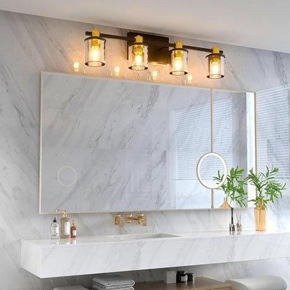 Lightdot 4 Light Bathroom Vanity Light, 27.5" Black and Gold Bathroom Light Fixtures with Glass Waterproof Shades, Rust-Proof Modern Vanity Lights Over Mirror for Kitchen Hallway Cabinet Porch
