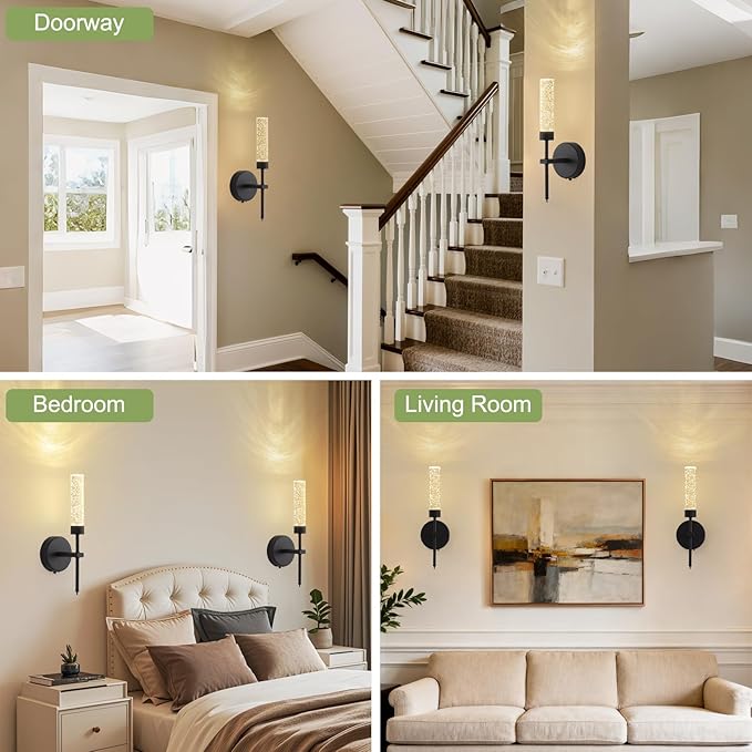 Crystal Battery Operated Wall Sconce, Modern Wireless LED Wall Sconces Set of 2 with Remote 3CCT Dimmable Timer, USB Rechargeable Cordless Wall Lights for Living Room Bedroom Bathroom Hallway, Black