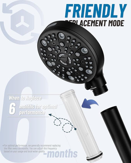Filtered Handheld Shower Head for Hard Water, High Pressure Showerhead with 7 Spray Modes, Power Jet & Pause, Detachable & Adjustable for Healthier Skin & Hair - Matte Black (VMASSTONE HM-003)