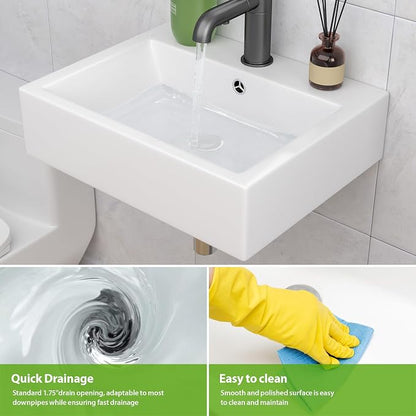 Rectangle Wall Mounted Bathroom Sink 22"x18" | Porcelain Floating Bathroom Sink Wall Hung White Ceramic Vanity Sink for Restroom, Toilet, Lavatory Room