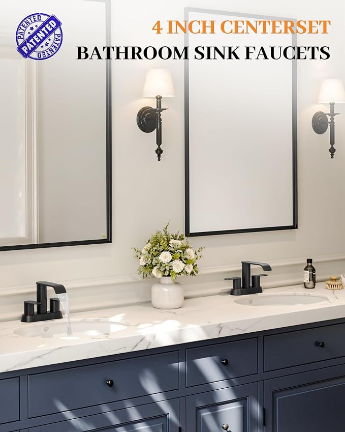 Matte Black Bathroom Faucet Waterfall 4 Inch Centerset Bathroom Sink Faucet | Stainless Steel with Pop up Sink Drain Stopper Supply Hose Basin Mixer Tap for Vanity RV 2 or 3 Hole Sink by Homevacious