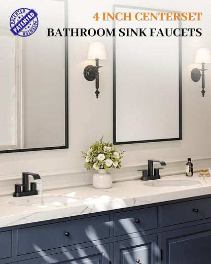 Matte Black Bathroom Faucet Waterfall 4 Inch Centerset Bathroom Sink Faucet | Stainless Steel with Pop up Sink Drain Stopper Supply Hose Basin Mixer Tap for Vanity RV 2 or 3 Hole Sink by Homevacious