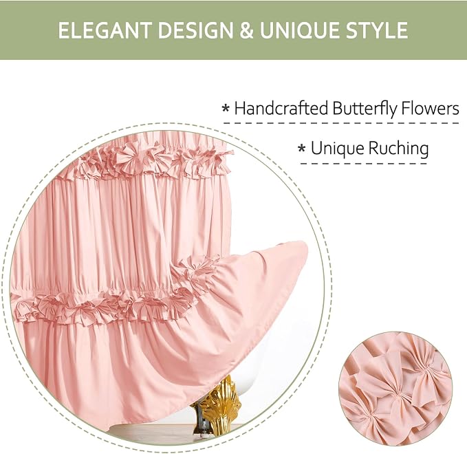 Homechoice Decor Extra Wide Shower Curtain 108"W x 72"L with 18 Buttonholes | Vintage Handcrafted Bow Tie Bath Curtain for Bathroom and Clawfoot Tub, Victorian Ruffle Bathroom Curtain, Peach (LQ-10)