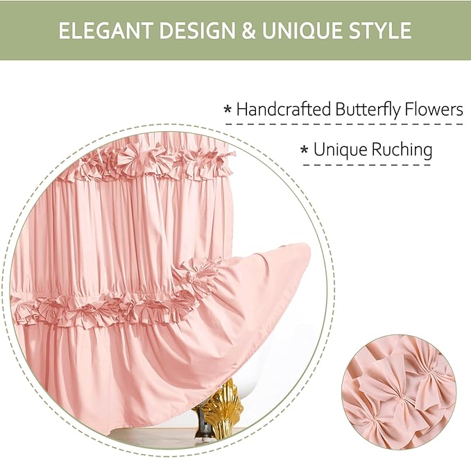 Homechoice Decor Peach Ruffle Shower Curtain for Master Bathroom | Vintage Handcrafted Bow Tie Bath Curtain, Ruched Microfiber Bathroom Curtain with 12 Buttonholes, 72" W x 72" H (LQ-10)