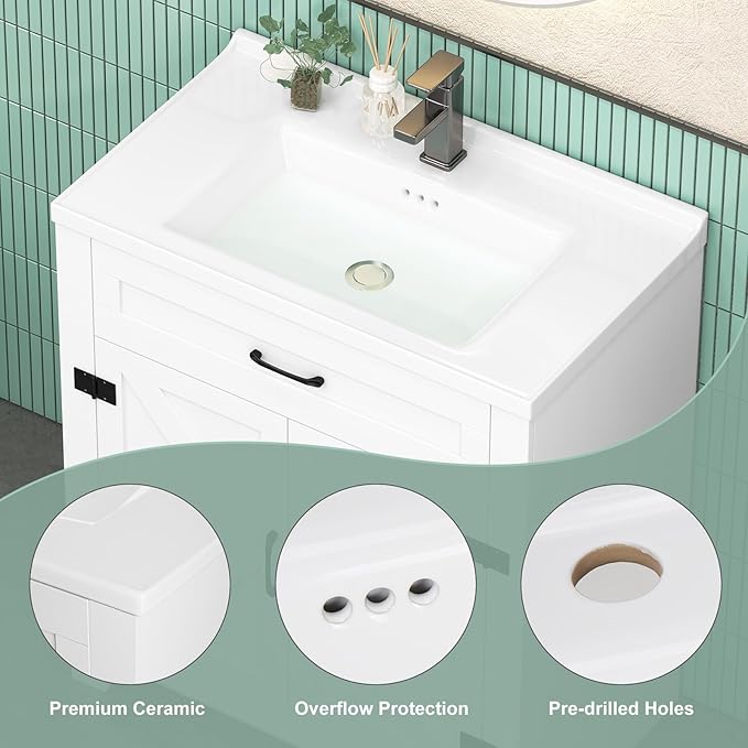 24 Inch Bathroom Vanity with Sink, Small Bathroom Sink Cabinet with 2 Barn Doors, White Single Sink Bath vanities Combo (19" D x 24" W x 36" H)