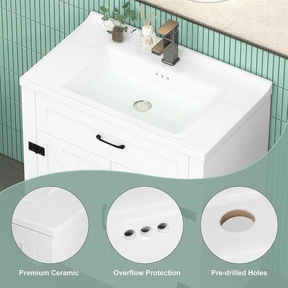 32 Inch Bathroom Vanity with Sink, Bathroom Vanity Cabinet with Single Sink, White Bath Vanities with 2 Barn Doors (19" D x 32" W x 36" H)