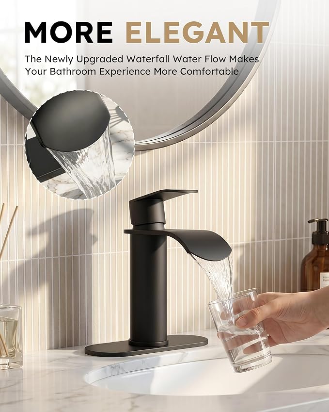 WOWOW Waterfall Bathroom Faucet Matte Black: Bathroom Sink Faucet for 1 Hole or 3 Holes, Single Handle Vanity Faucet with Pop up Drain, Stainless Steel Basin Sink Tap for RV Lavatory