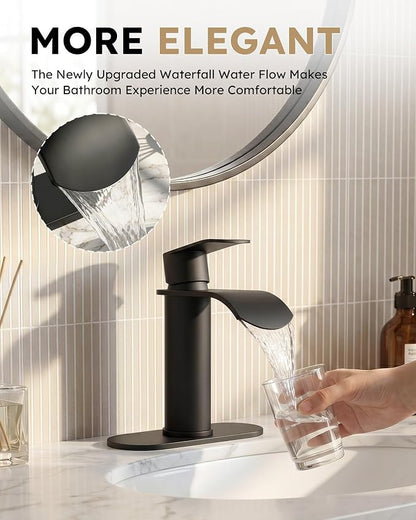 WOWOW Waterfall Bathroom Faucet Matte Black: Bathroom Sink Faucet for 1 Hole or 3 Holes, Single Handle Vanity Faucet with Pop up Drain, Stainless Steel Basin Sink Tap for RV Lavatory